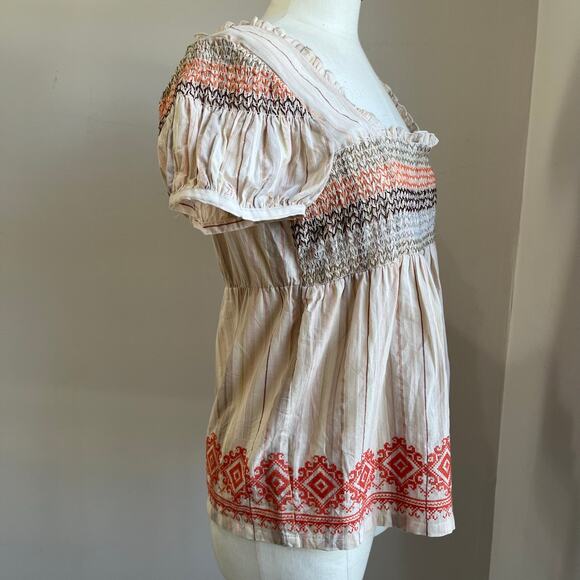 Anthropologie Floreat Cottagecore Smocked Puff Sleeve Cotton Blouse Size 12 - Picture 3 of 12